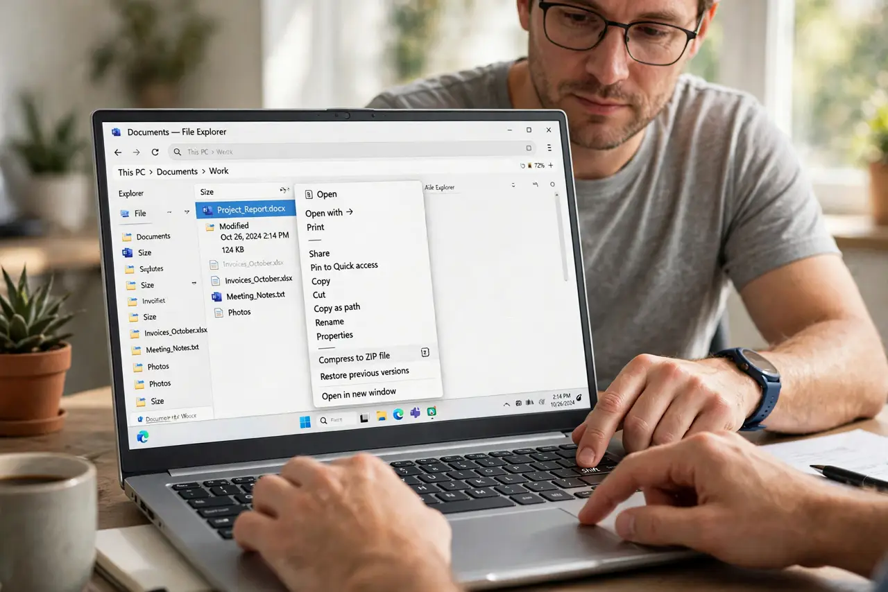 A person performing step 1 of the guide: Know the two ways to see the full menu. Shift plus right-click shows the classic menu once, without changing anything. The registry chang...