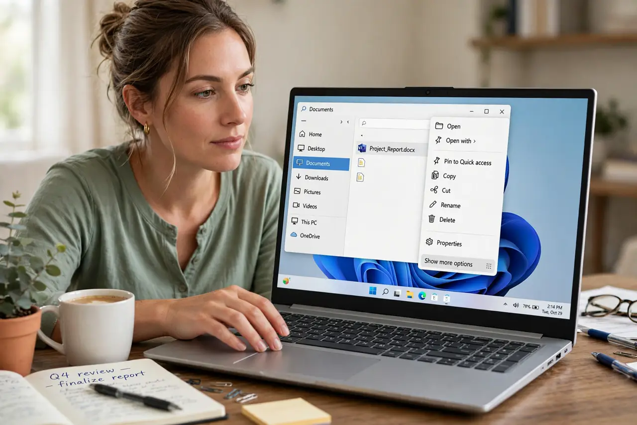 a real person at a desk right-clicking a file on a Windows 11 PC, the short modern context menu visible on the real monitor with fully legible text including Show more options, the person looking at it thoughtfully.