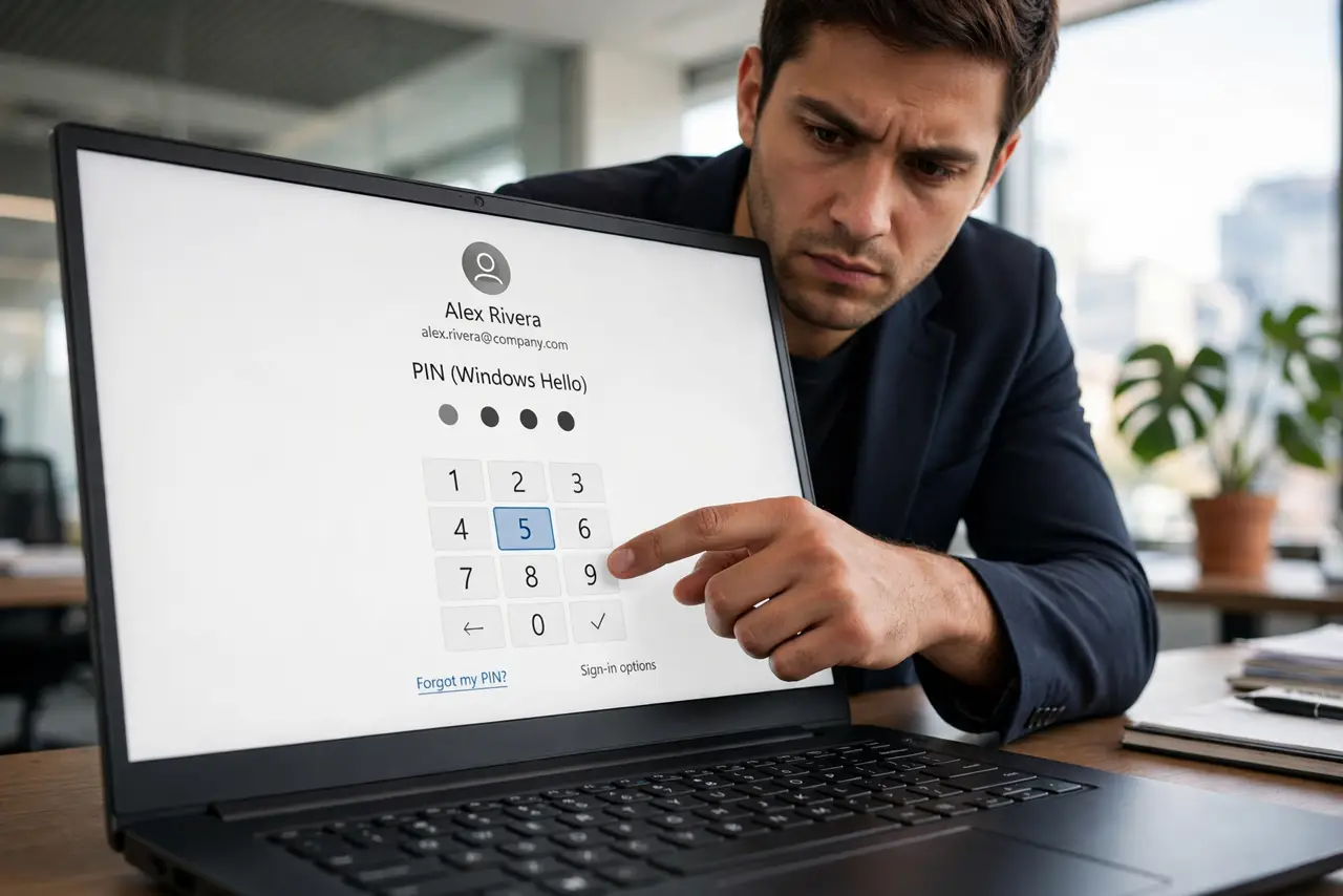 A person typing a PIN on the Windows lock screen of a real laptop, the PIN pad fully legible, an office in the background, the person's face serious.