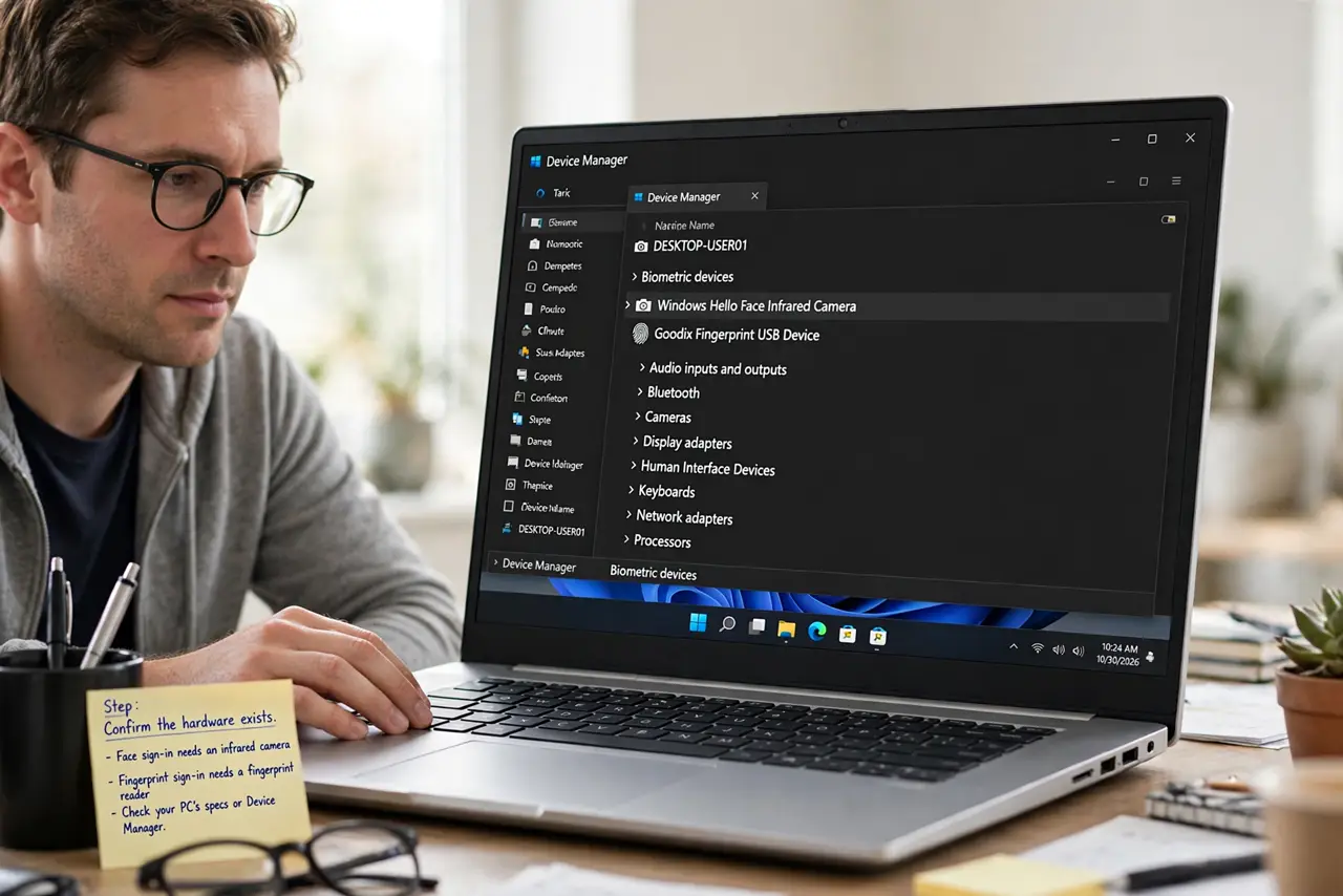 A person performing step 1 of the guide: Confirm the hardware exists. Face sign-in needs an infrared camera and fingerprint sign-in needs a fingerprint reader. Check your PC's sp...