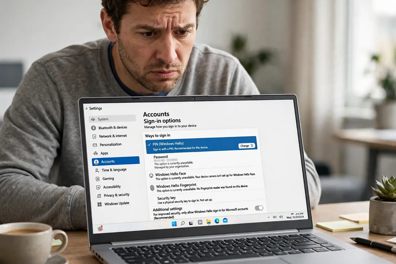 a puzzled adult looking at a real Windows laptop showing the Settings sign-in options page with fully legible text, some options visibly greyed out.