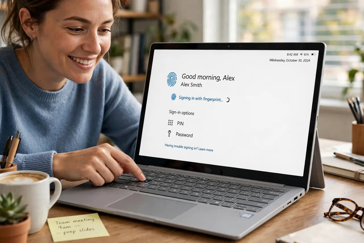 a person signing into a real Windows PC with a fingerprint reader, login screen showing sign-in options legibly, the person's face pleased, morning desk.