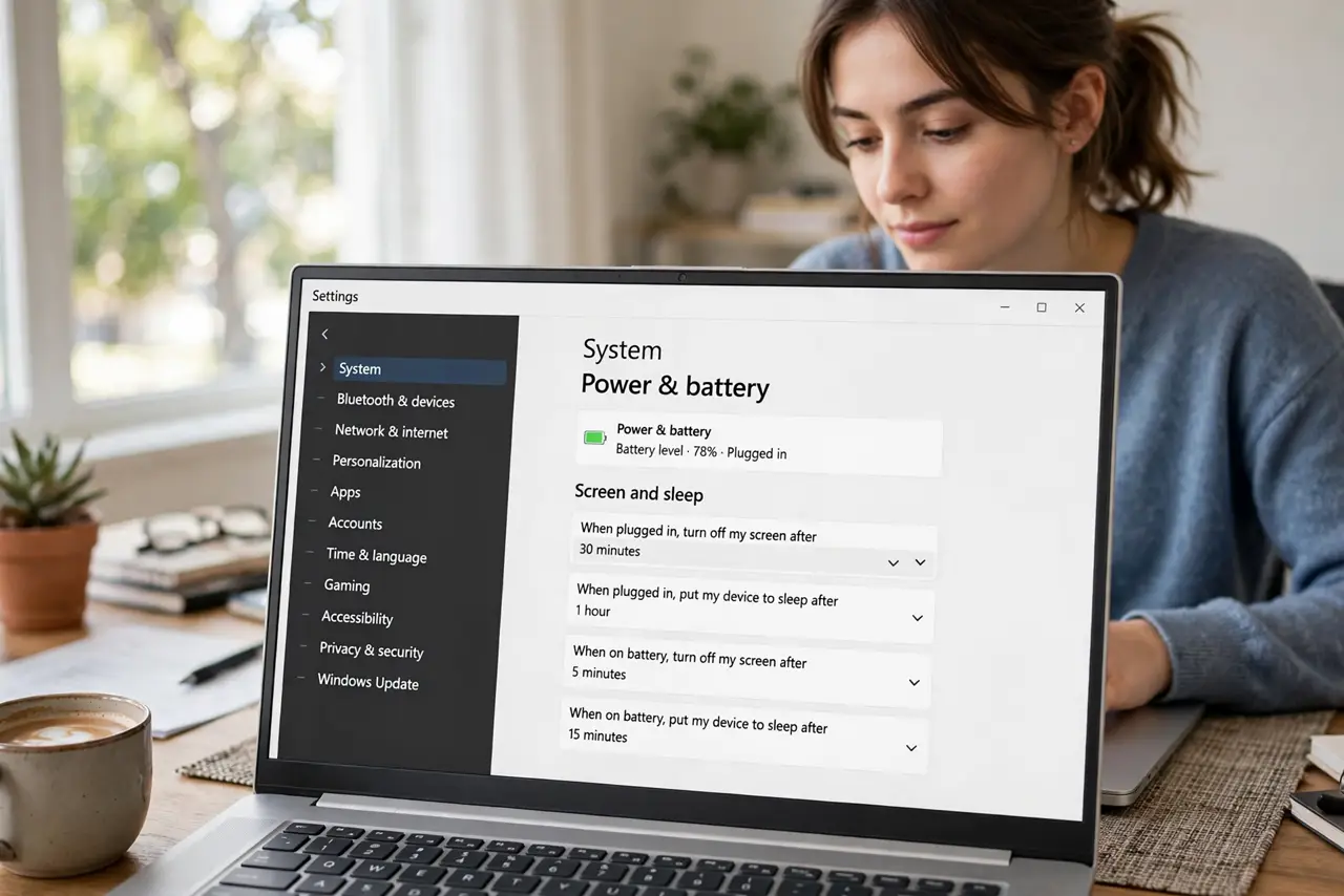 Photoreal photo of a person performing the first step: Find the sleep controls. Settings, then System, then Power and battery -- the Screen and sleep 