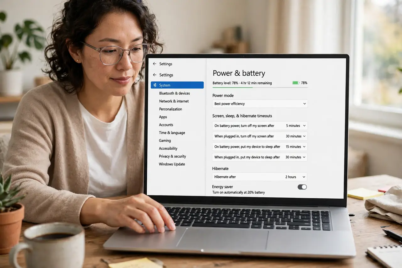Photoreal photo: a person adjusting real Windows Settings showing the legible Power and battery sleep options, the person's face thoughtful, home office. No black screen, no blank white screen, no fake or garbled screen text.