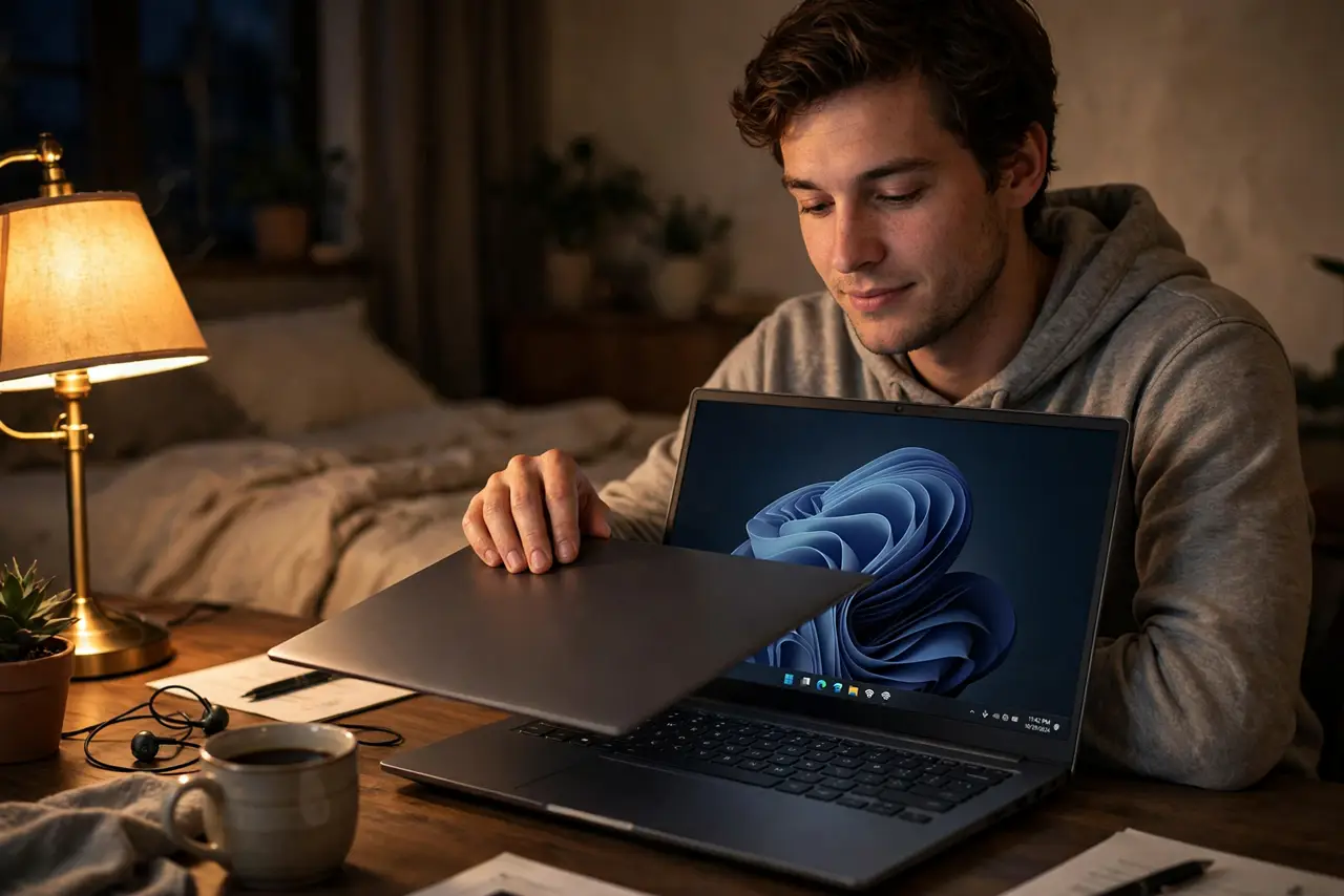 A person closing a real Windows laptop lid halfway at night on a desk, the screen dimming, the person's face relaxed, bedroom lamp glow.