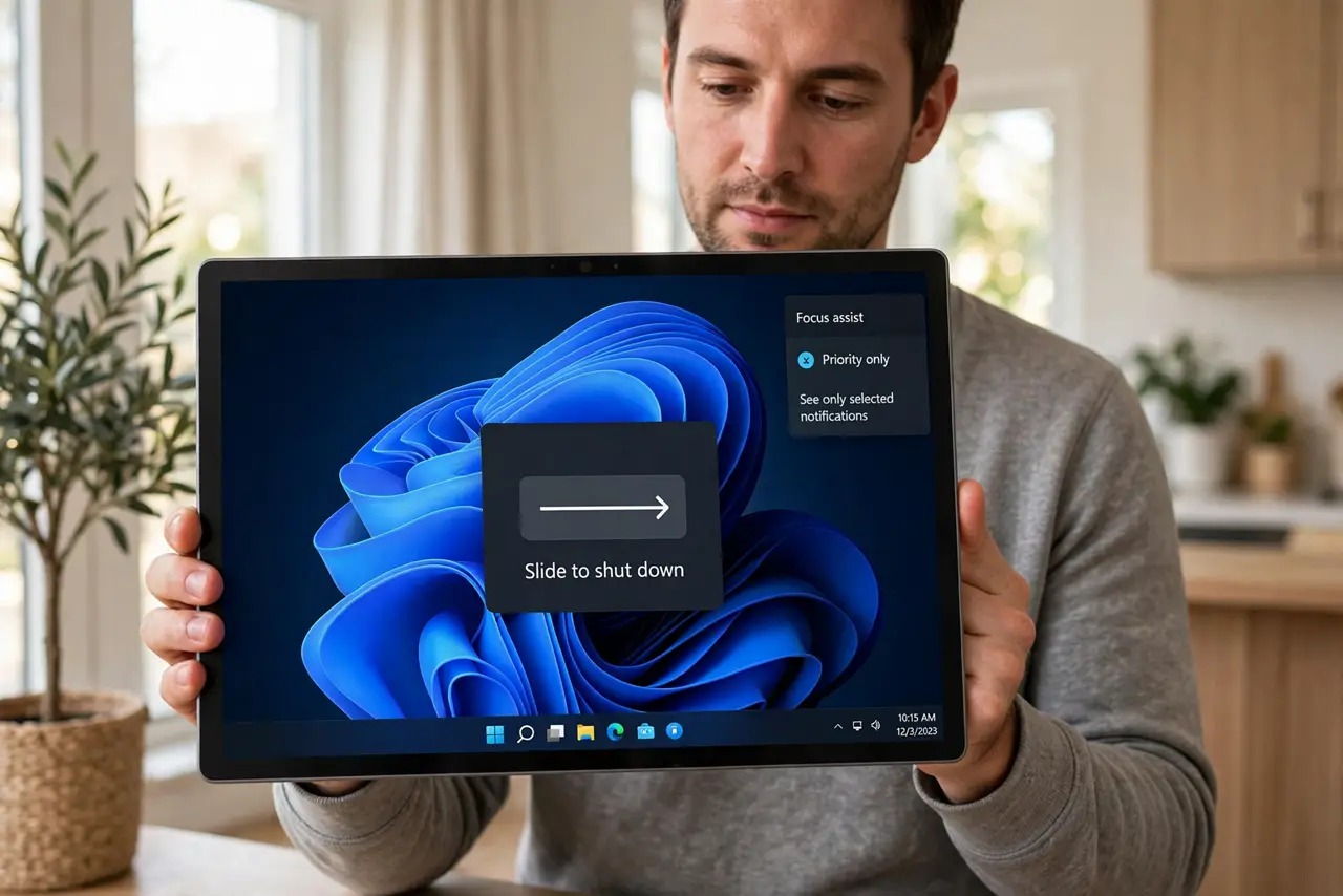 a person holding a real Windows tablet with both hands, the slide-to-shut-down screen visible with the drag handle legible, the person's face focused, bright home setting.