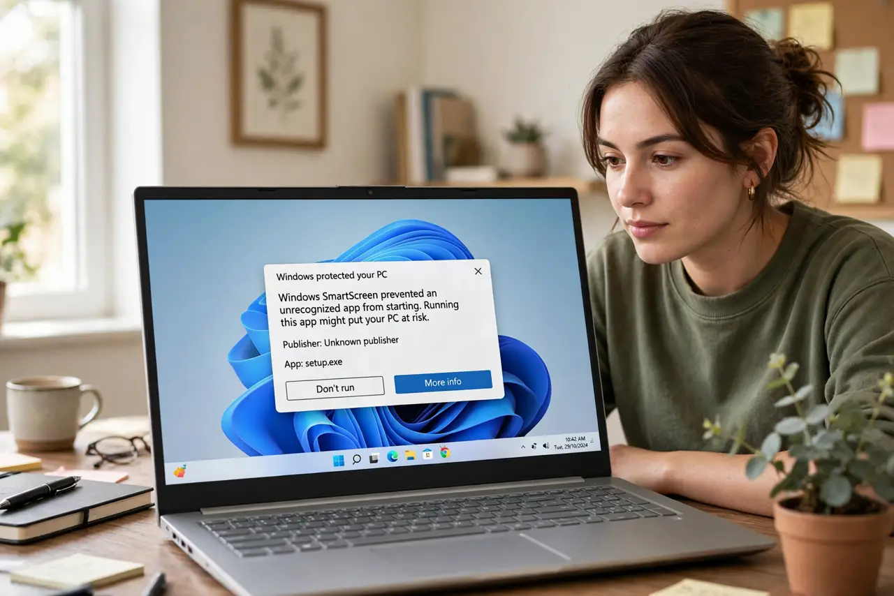 Photoreal photo: a person at a Windows PC with a real monitor showing the SmartScreen 'Unknown publisher' warning dialog with legible text, the person's face cautious, home office. No black screen, no blank white screen, no fake or ga