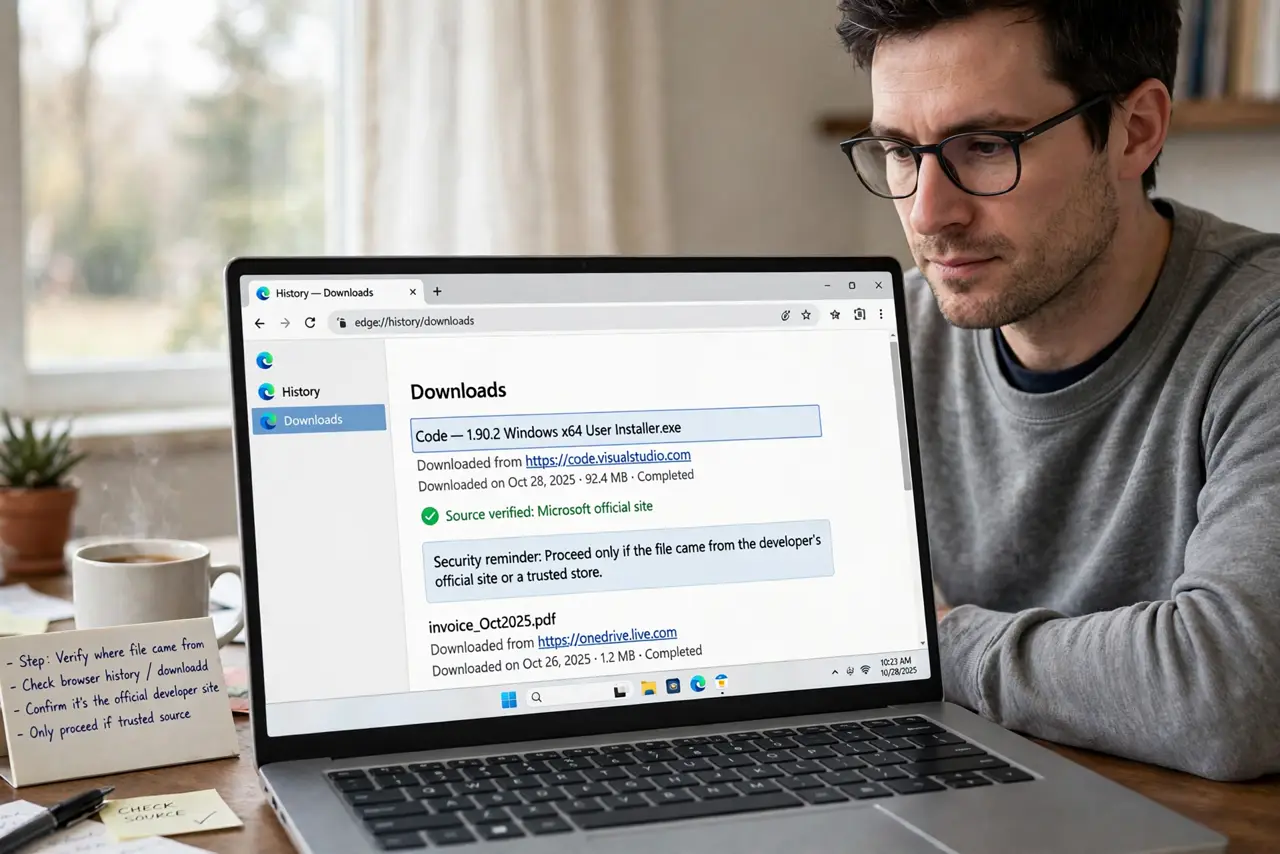 A person performing step 1 of the guide: Verify where the file came from. Check your browser history or the download source. Proceed only if the file came from the developer's of...