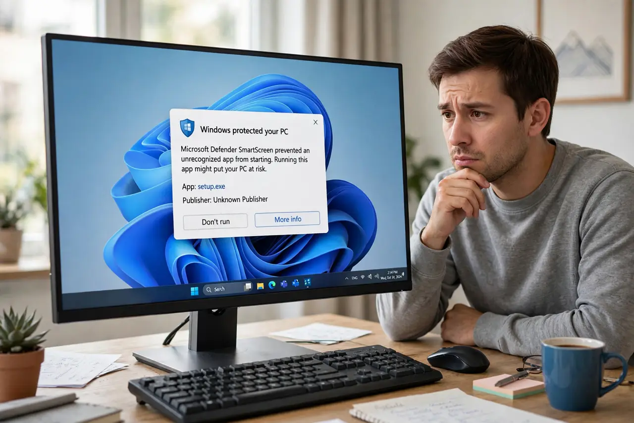 a real person at a desk looking at a Windows SmartScreen warning dialog on a real monitor, the dialog text fully legible showing an unrecognized app warning, the person hesitating thoughtfully.