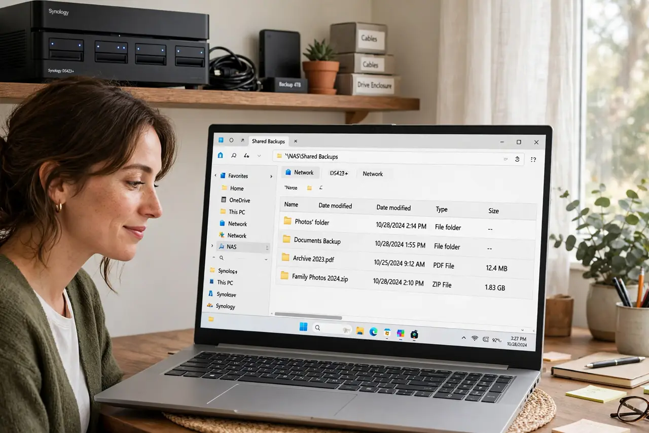 a person looking at a real Windows laptop showing File Explorer with a legible network folder open, a NAS box on the shelf behind, the person's face relieved...