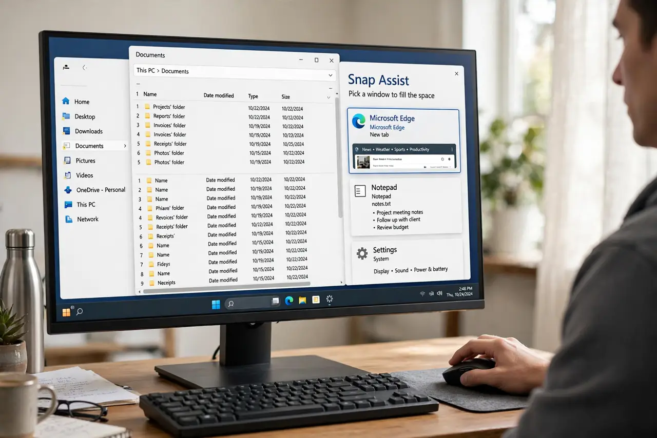 A person snapping windows on a real Windows PC monitor showing Snap Assist offering window choices on one half of the screen, the person's hand on the mouse choosing deliberately.