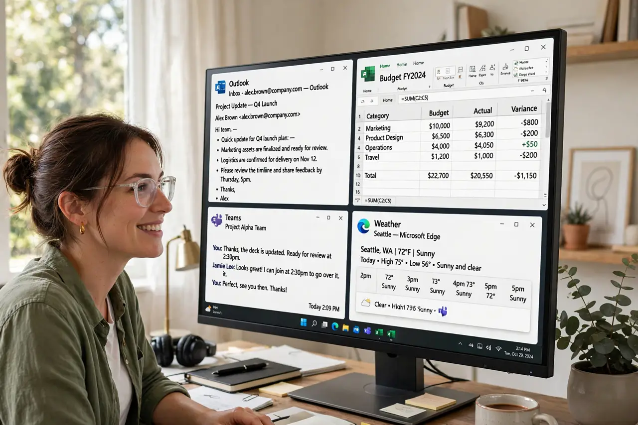 A person working at a real Windows PC with four windows snapped into a tidy grid on the monitor, all screens legible, the person's face satisfied and…