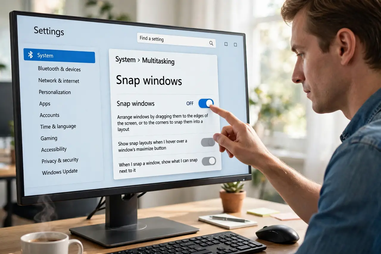 A person performing step 1: Turn on Snap windows.