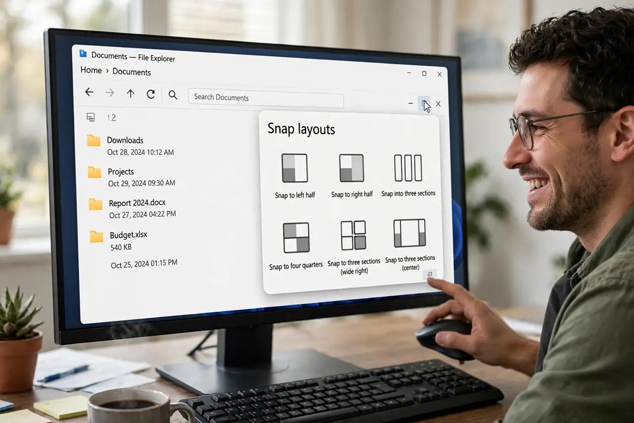 A person hovering the mouse over the maximize button of a real window on a Windows PC monitor showing the snap layout grid popup fully legible, the person's face pleased.