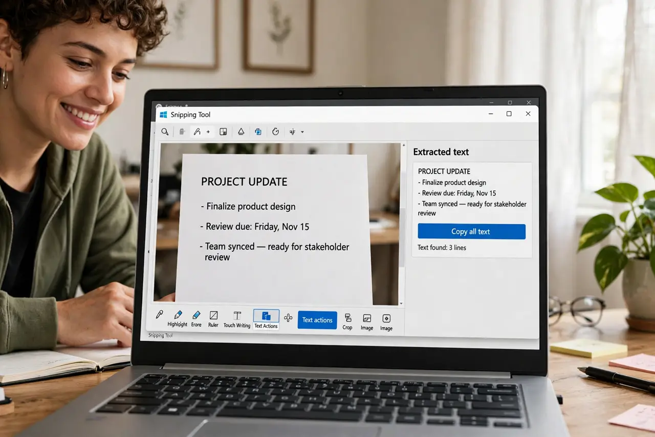 A person using the real Windows Snipping Tool on a real laptop, the Text Action button highlighted and extracted text visible in a panel, the person's face pleased,.