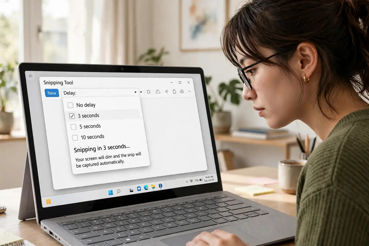 a person using a real Windows laptop with the Snipping Tool delay timer counting down while a dropdown menu stays open on screen, the person's face focused, bright home office. No .