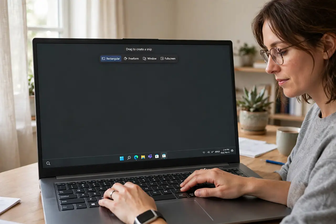 Photoreal photo of a person performing the first step: Open the Snipping Tool. Press Windows+Shift+S or search for Snipping Tool in the Start menu....