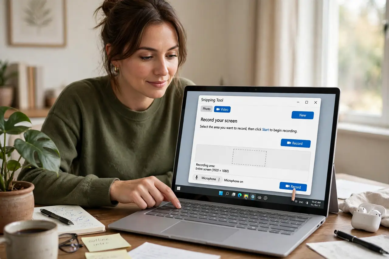 Photoreal photo: a person at a real Windows PC with the Snipping Tool open showing the video record option, the person clicking record with a focused expression, home office. No black screen, no blank white screen,...