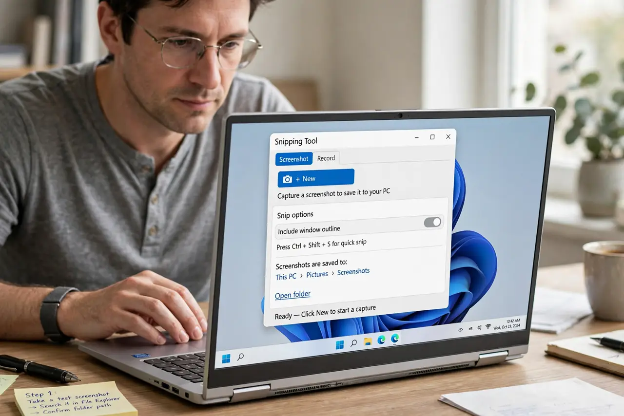 A person performing step 1 of the guide: Find where screenshots actually land. Take a test screenshot, then search the PC for its file name. Knowing the real destination beats gu...