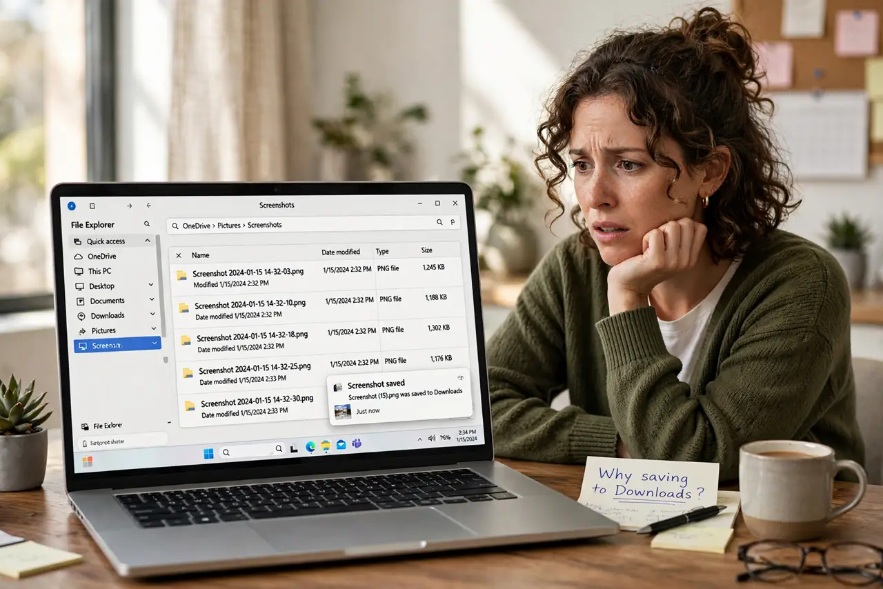a real person at a desk looking at File Explorer on a Windows PC, the Screenshots folder open on the real monitor with fully legible file names while a new screenshot lands elsewhere, the person looking confused.