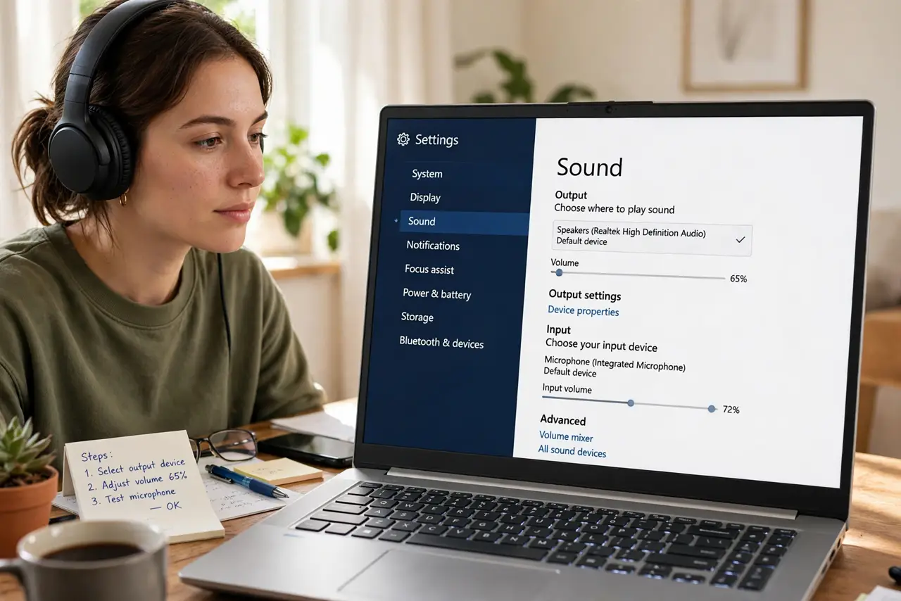 a person wearing real headphones at a real Windows PC, the screen showing the sound settings page with legible text, the person's face immersed, home desk.