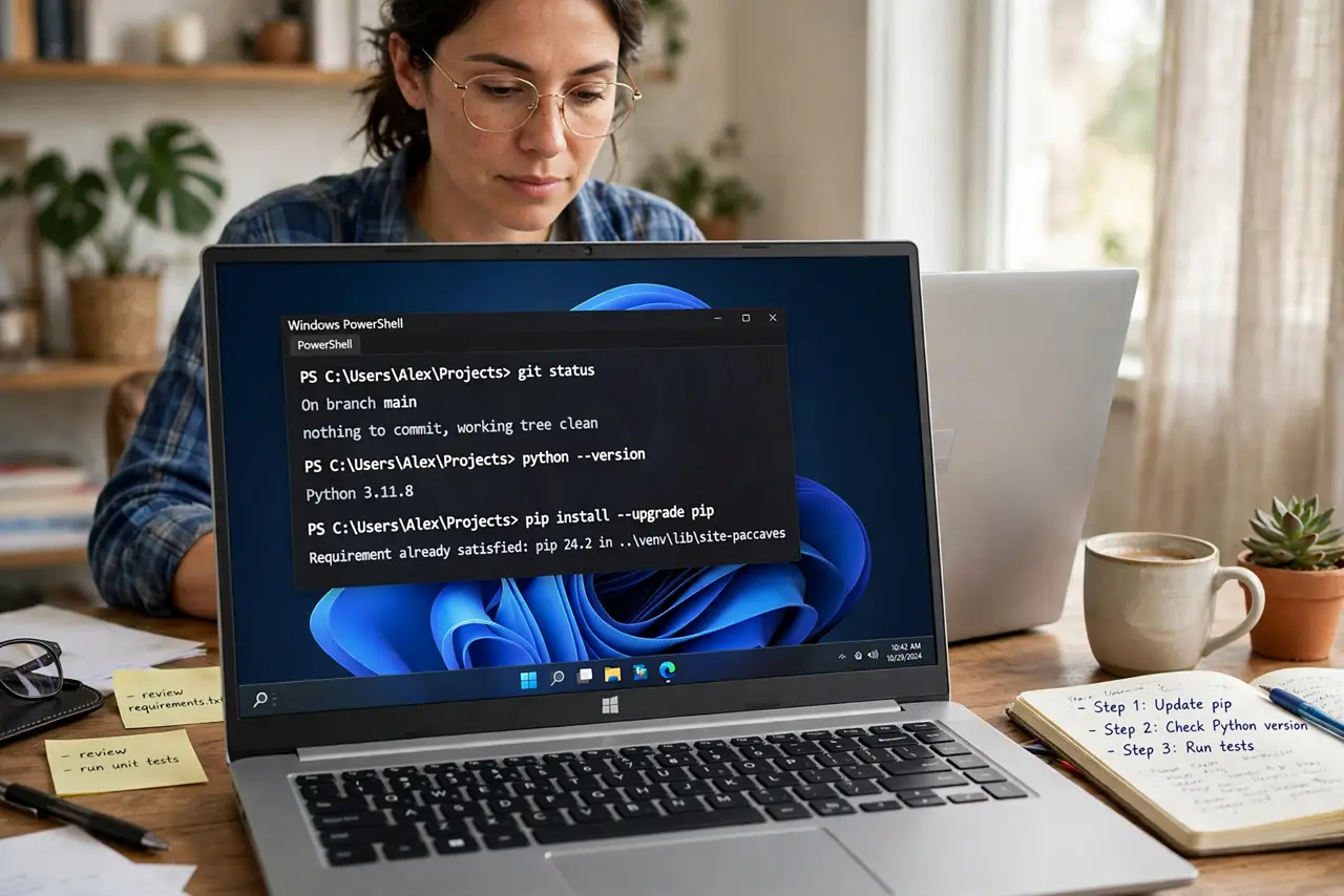 a person typing on a real Windows laptop showing a terminal window with legible command-line text, the person's face concentrated, home office desk.