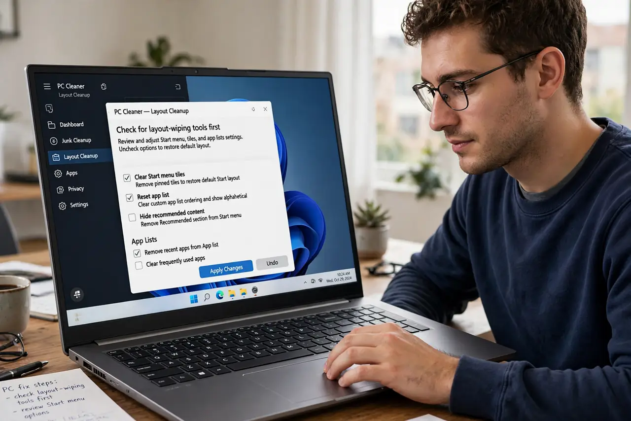 A person performing step 1 of the guide: Check for layout-wiping tools first. Open every PC cleaner, debloater, or privacy tool you have installed and look for options about Star...