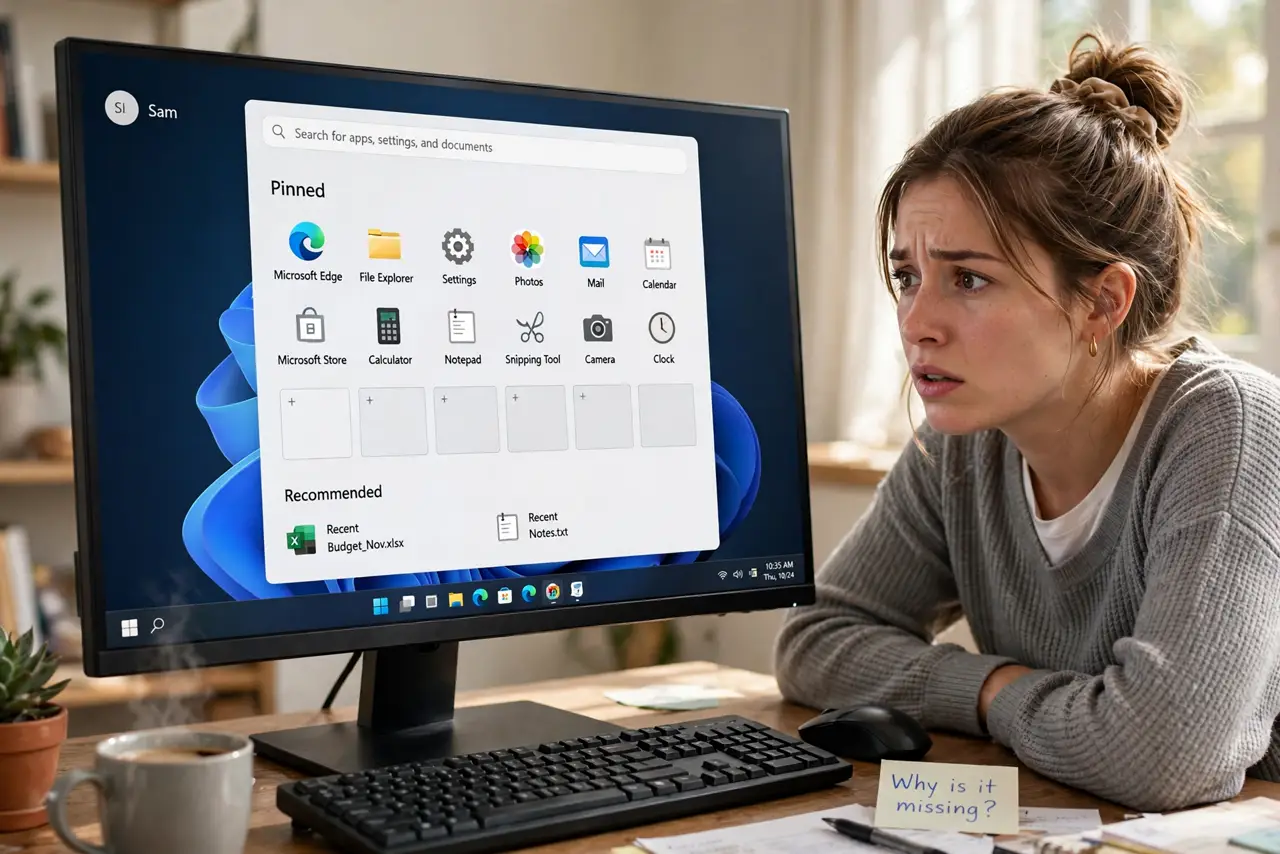 a real person at a desk looking at the Windows Start menu on a real monitor, the pinned apps area visible with fully legible app names and several empty spots, the person looking puzzled.