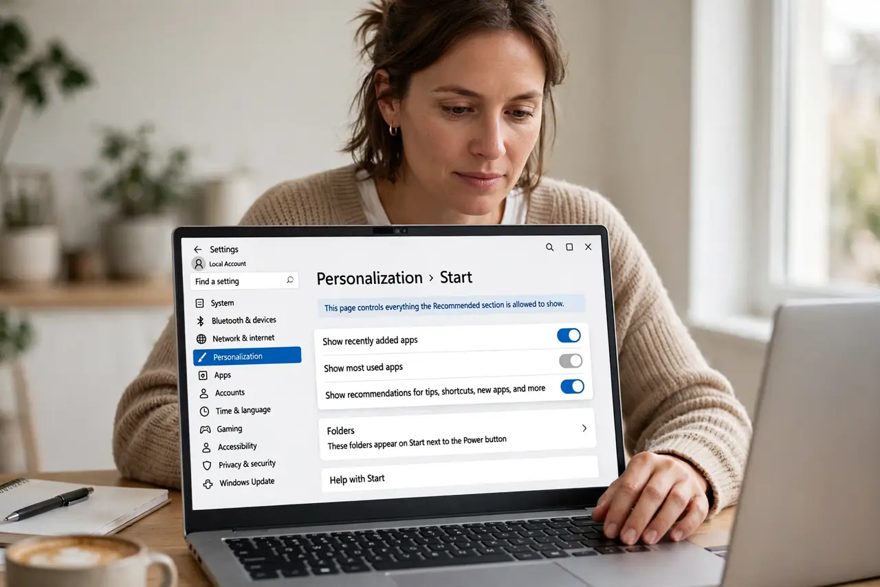 A person performing step 1 of the guide: Open the Start personalization settings. Go to Settings, then Personalization, then Start. This one page controls everything the Recommen...