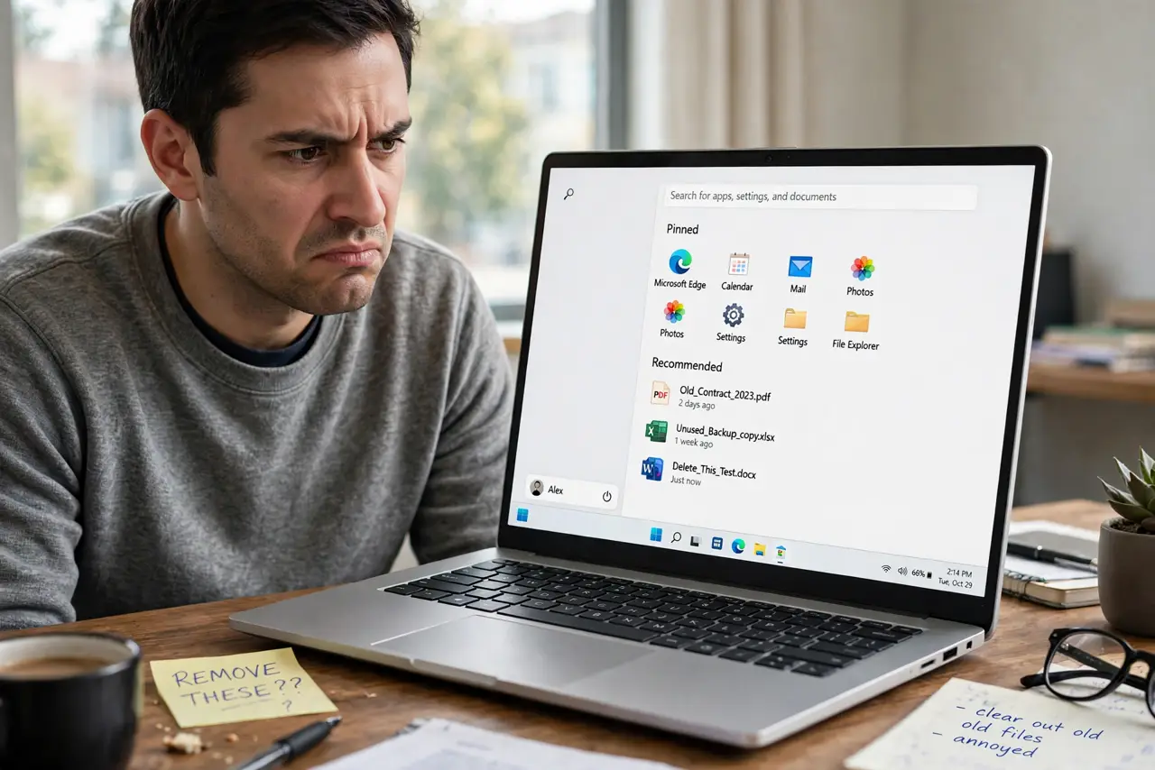 a real person at a desk looking at the Windows Start menu on a real monitor, the Recommended section visible with fully legible file names the person wants gone, the person looking annoyed.