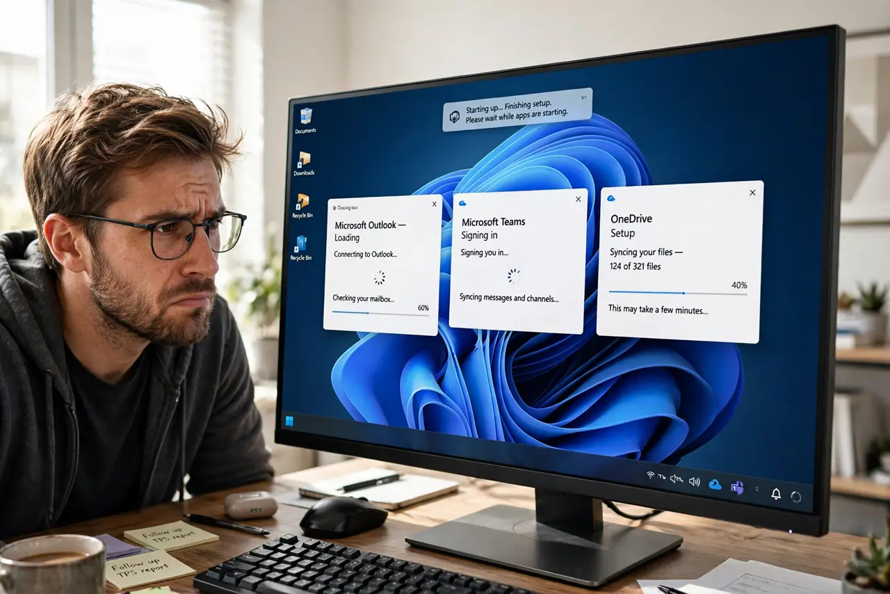 A person watching a Windows PC monitor showing the desktop loading with several app windows popping up and the system tray filling, the person's face impatient.