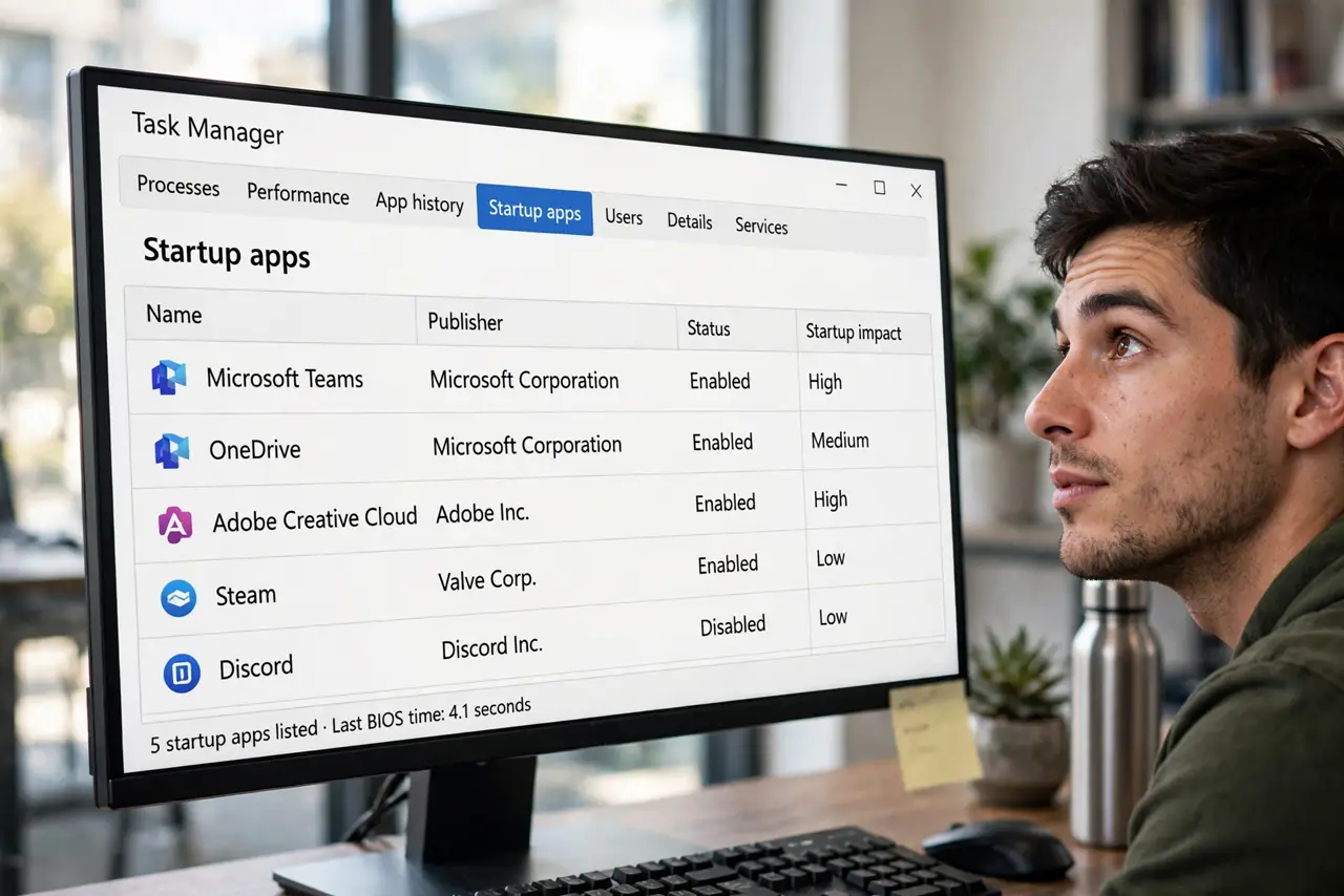 A person reading Task Manager's Startup apps tab on a real Windows PC monitor with the Startup impact column fully legible, the person's face curious.