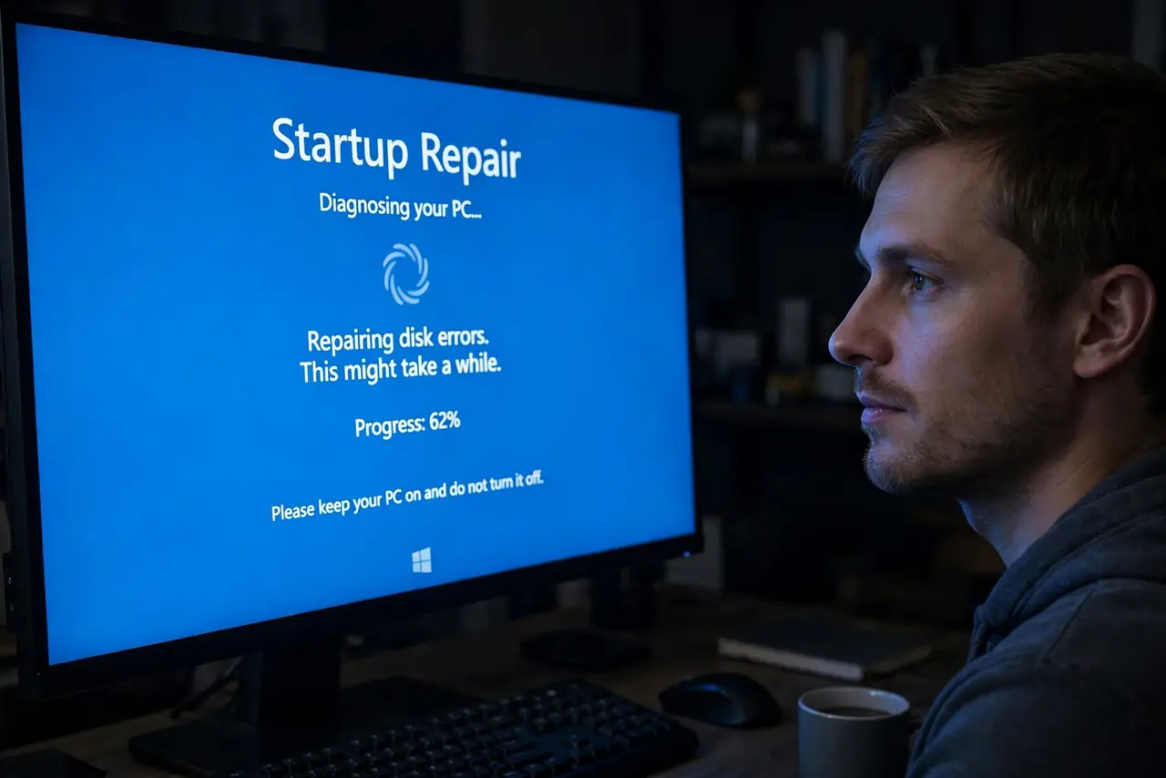 A person performing the first step: Let it run when offered. After failed boots Windows often launches Startup Repair.