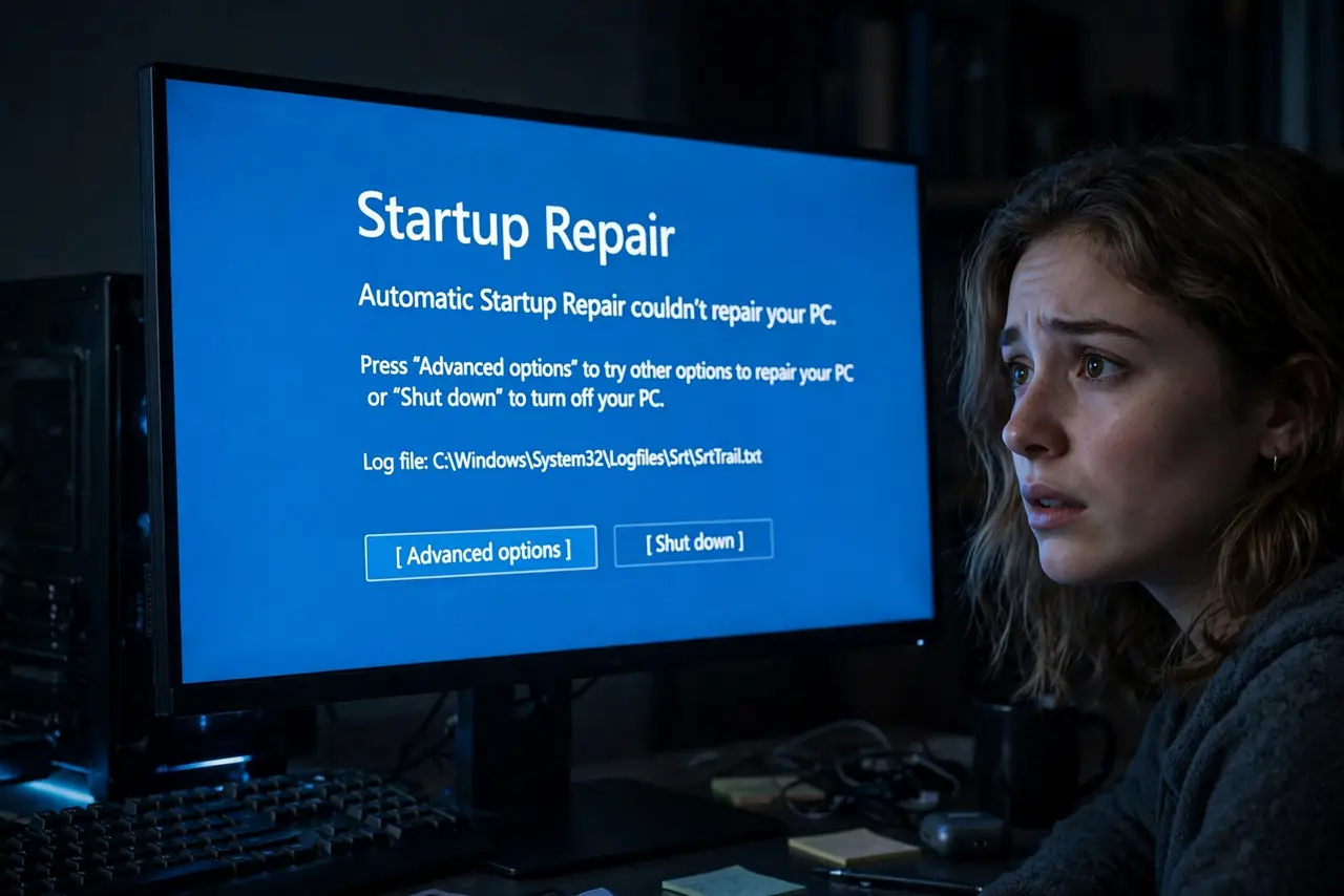 A person watching a real desktop monitor showing the blue Windows Startup Repair screen with legible text, the person's