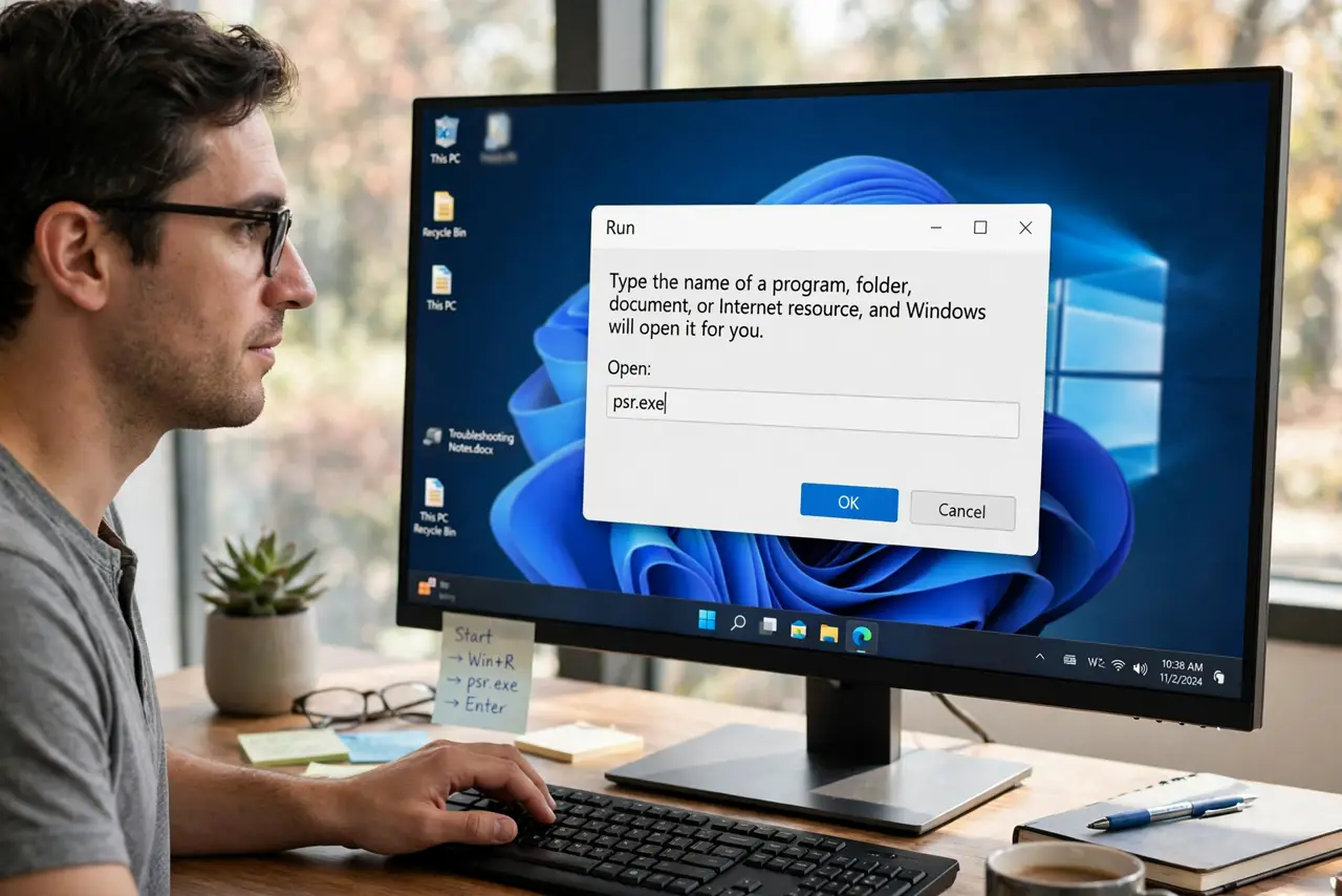 A person performing step 1: Open Steps Recorder. Press Win + R, type psr.exe, and hit Enter — or search for “Steps Recorder” in the Start .