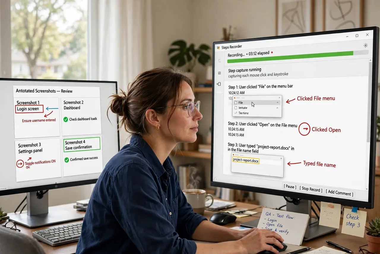 A person clicking through a real Windows app while Steps Recorder captures the steps, annotated screenshots visible on a second monitor, the person's face focused, home office.
