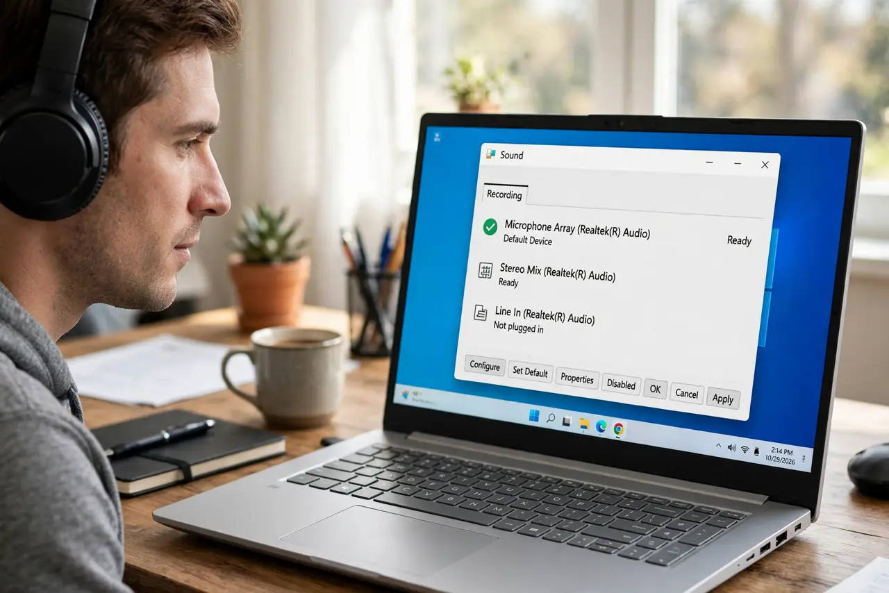 a person wearing real headphones beside a real Windows PC showing the Sound recording devices window with Stereo Mix legibly listed, the person's face focuse...