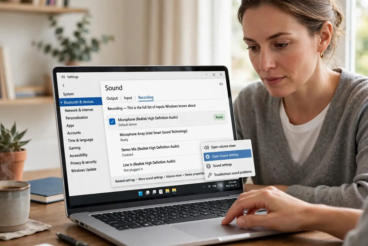 A person performing step 1 of the guide: Open the recording devices list. Right-click the speaker icon and open the sound settings, then the recording tab. This is the full list ...