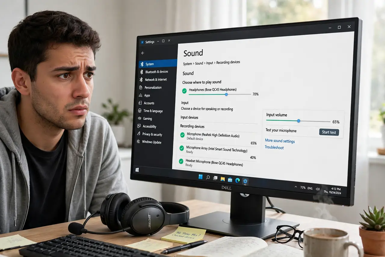 a real person at a desk looking at Windows sound settings on a real monitor, the recording devices list visible with fully legible text and Stereo Mix absent, a real headset on the desk, the person looking puzzled.