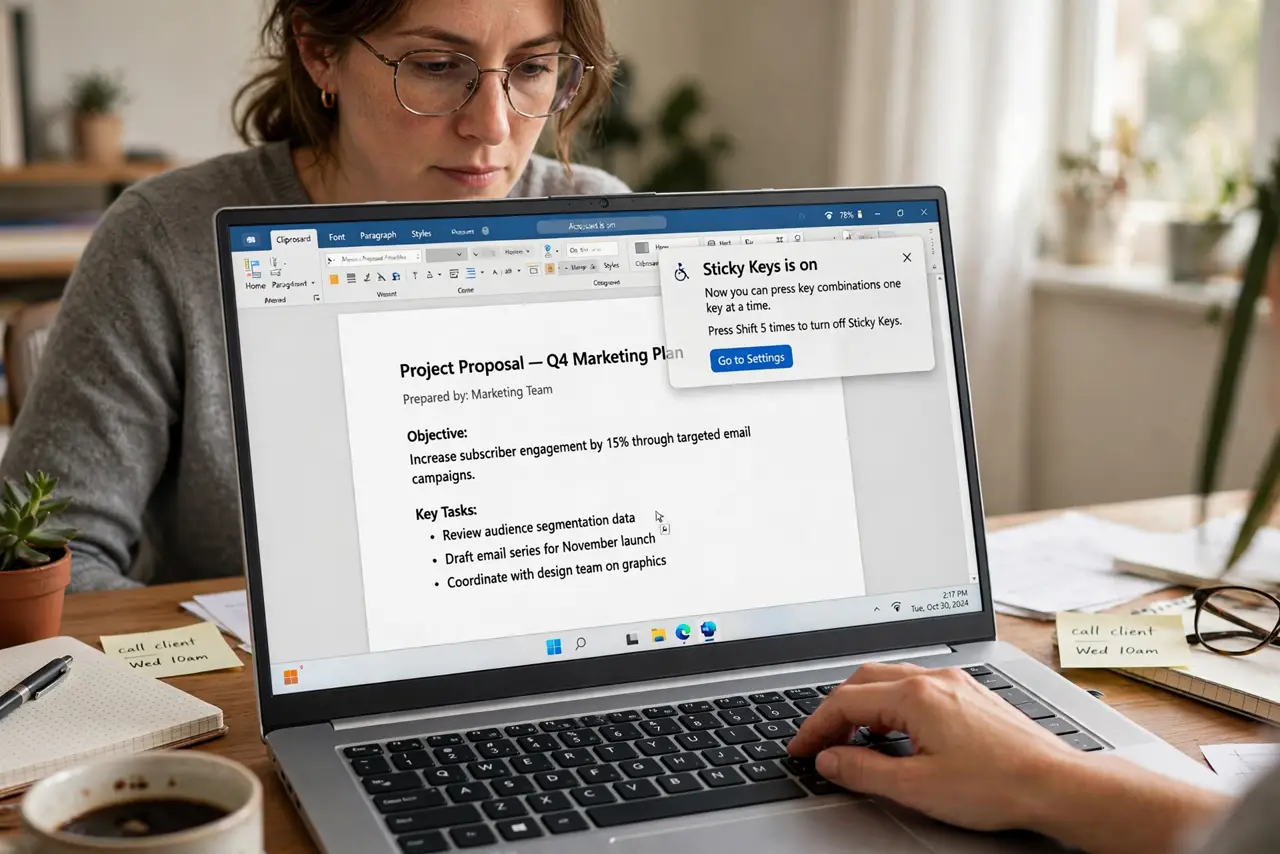a person typing one-handed on a real Windows keyboard, the Sticky Keys notification visible on screen, the person's face focused, home office. No black screen, no blank white scree.