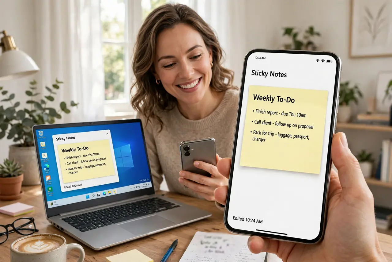 a person looking at Sticky Notes open on a real Windows laptop and a real phone showing the same notes legible, the person's face pleased, bright home office. No black screen, no b.