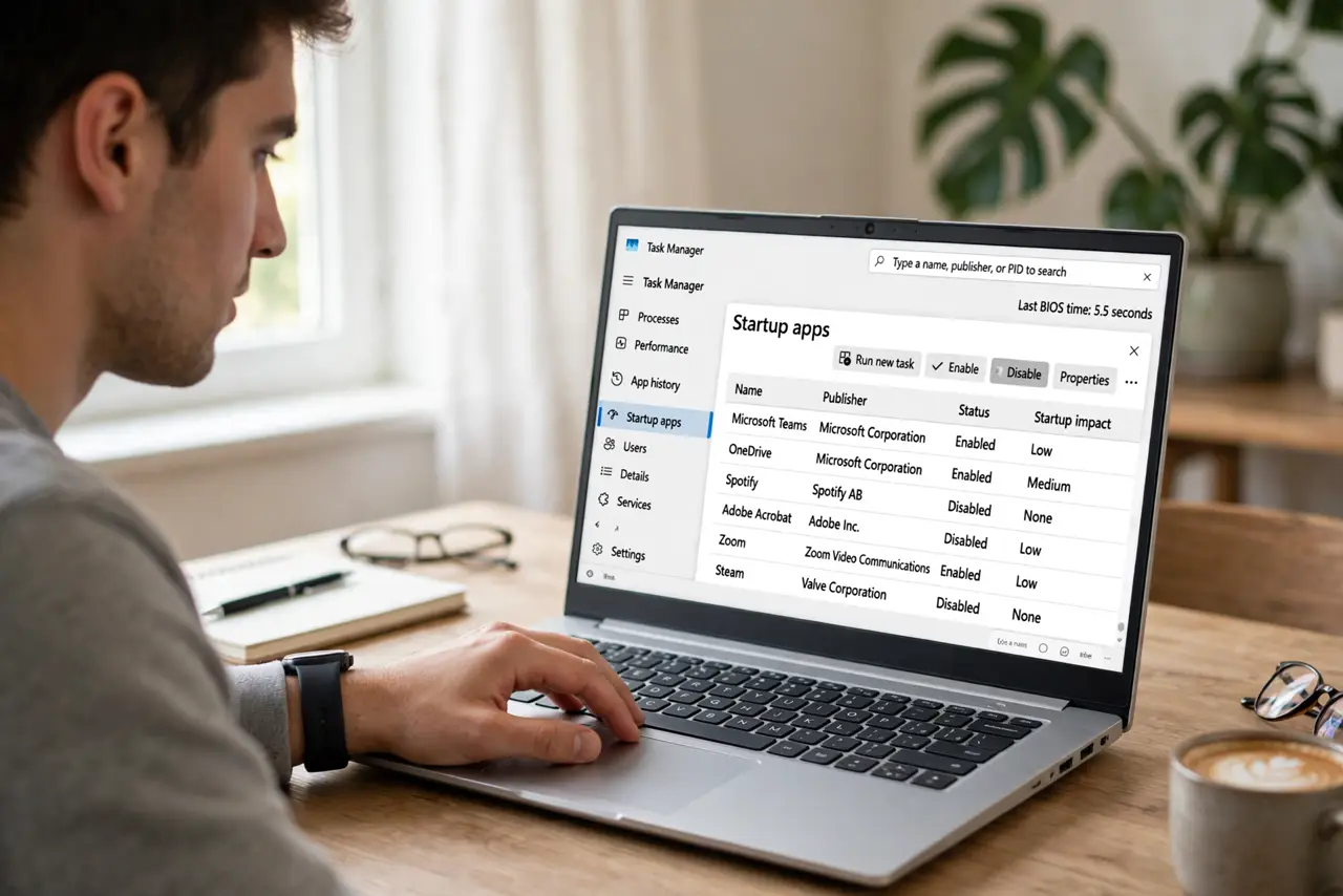 A person carrying out step one: open task manager's startup tab.