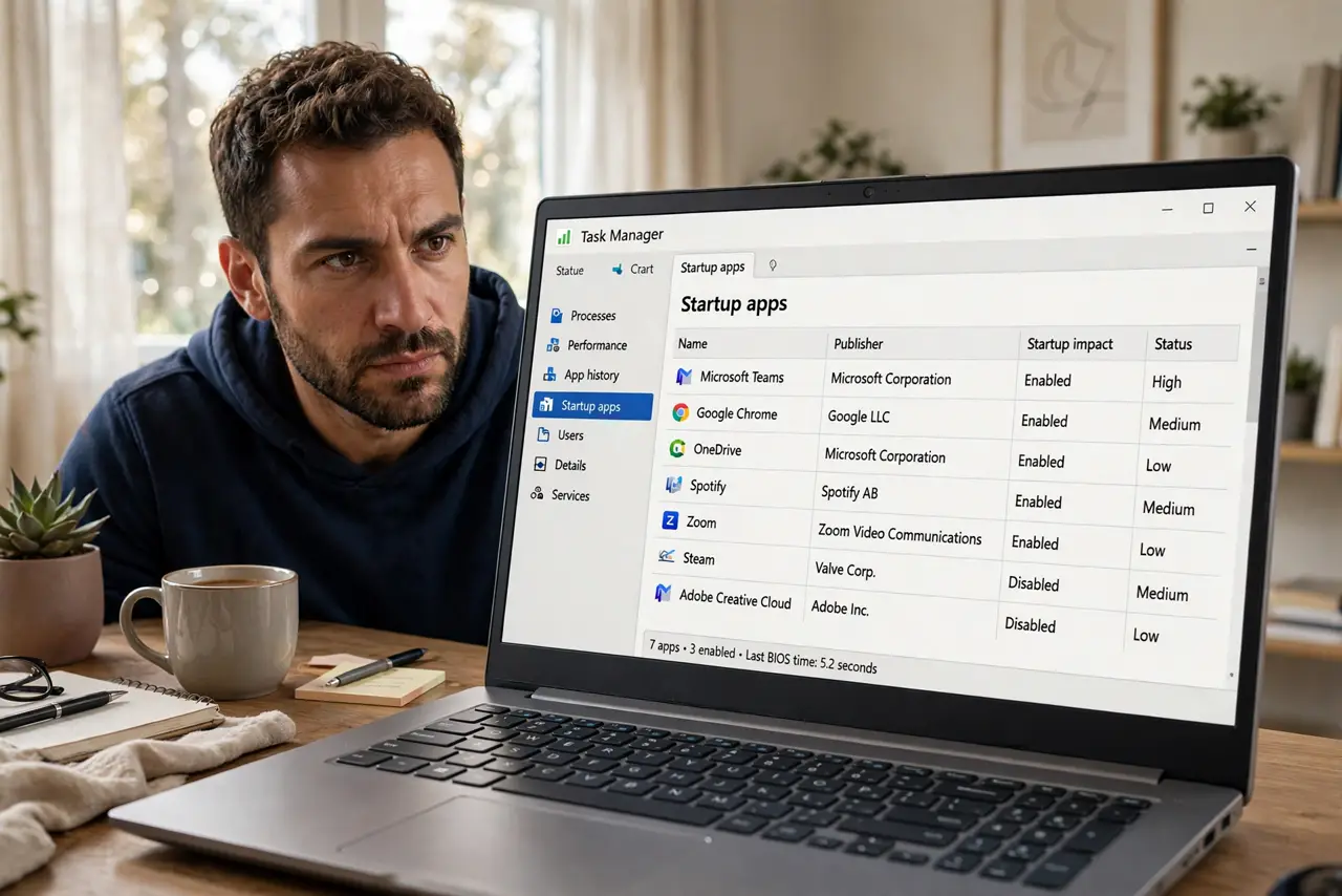 A person looking at a real Windows laptop showing Task Manager Startup apps tab with legible app list, the person's face determined, home office.