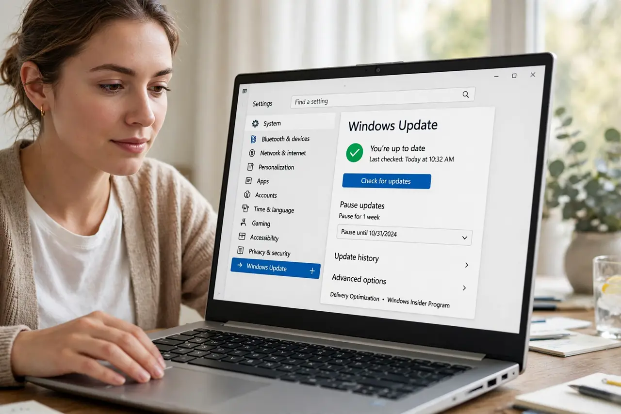 A person calmly performing the guide's first step: Open Windows Update settings.