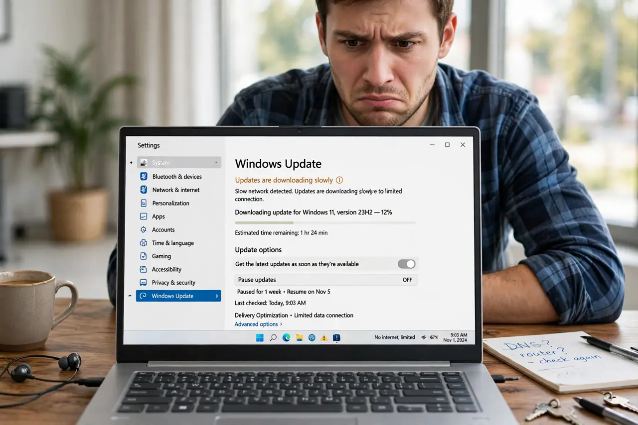 a person at a real Windows PC with the Settings window open showing update options with legible text, the person's face annoyed at slow internet. No black screen, no blank white sc.