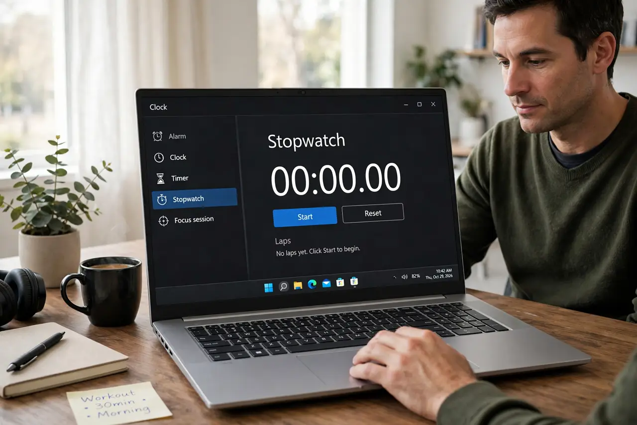 Photoreal photo of a person performing the first step: Open the stopwatch. Search for 'Clock' in the Start menu, open the app, and click the Stopwatch tab. It sits alongside alarms , timers, and world cloc...