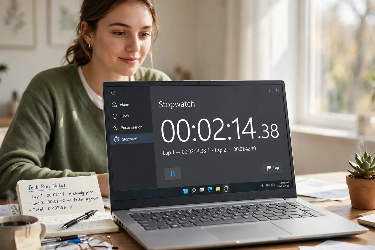 Photoreal photo: a calm person at a desk timing something with the real Windows Clock app stopwatch visible and legible on a PC screen, a notebook with times written beside the keyboard, the person's face focused. No bla