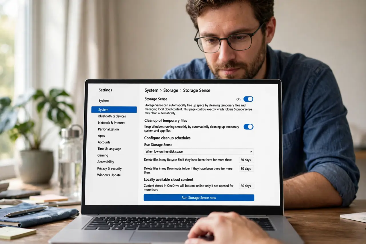 Storage Sense Deletes Files From Downloads — step 1 being performed on the device.