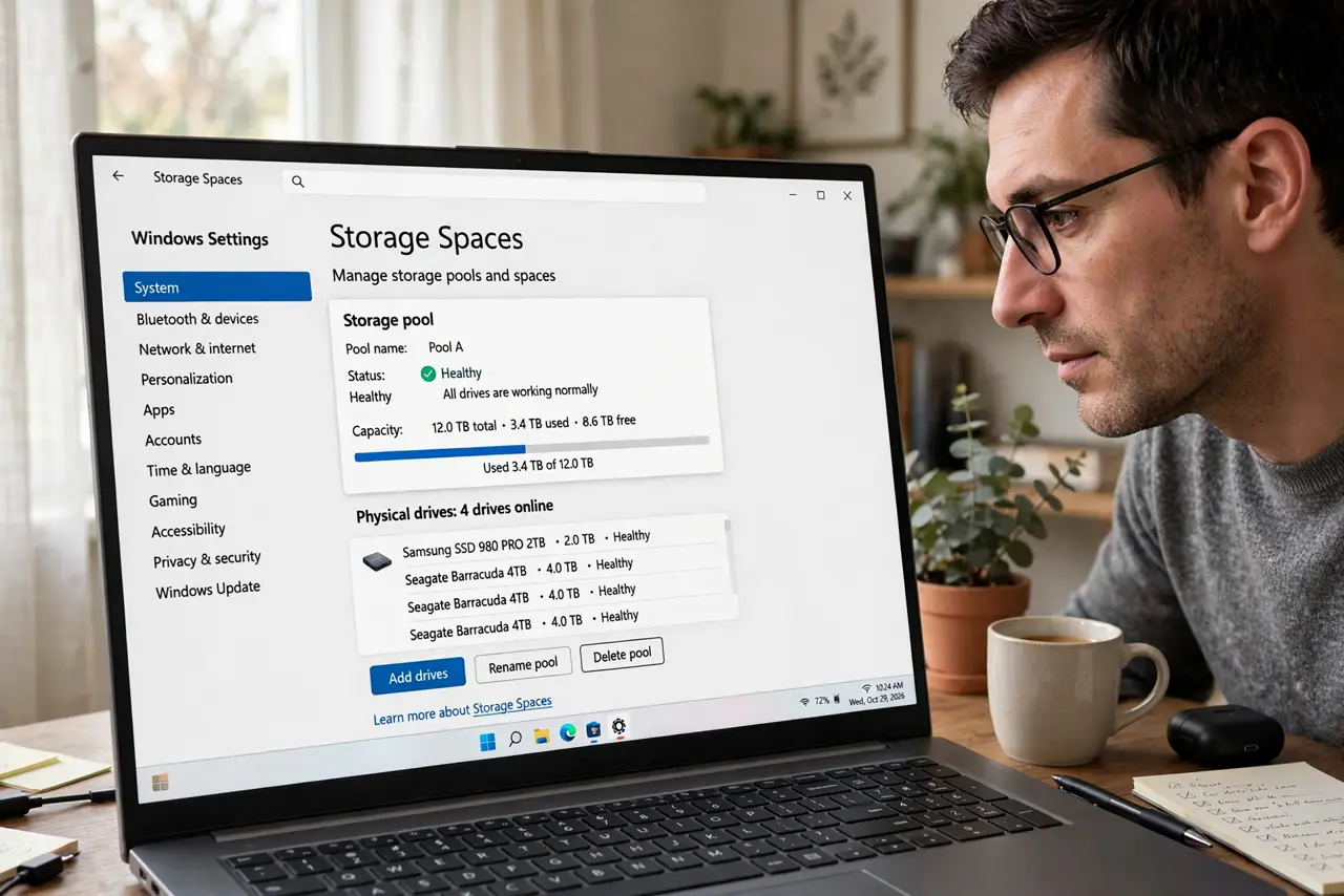 A person looking at a real Windows Storage Spaces settings screen showing a storage pool with legible text, the person's face focused, home office.