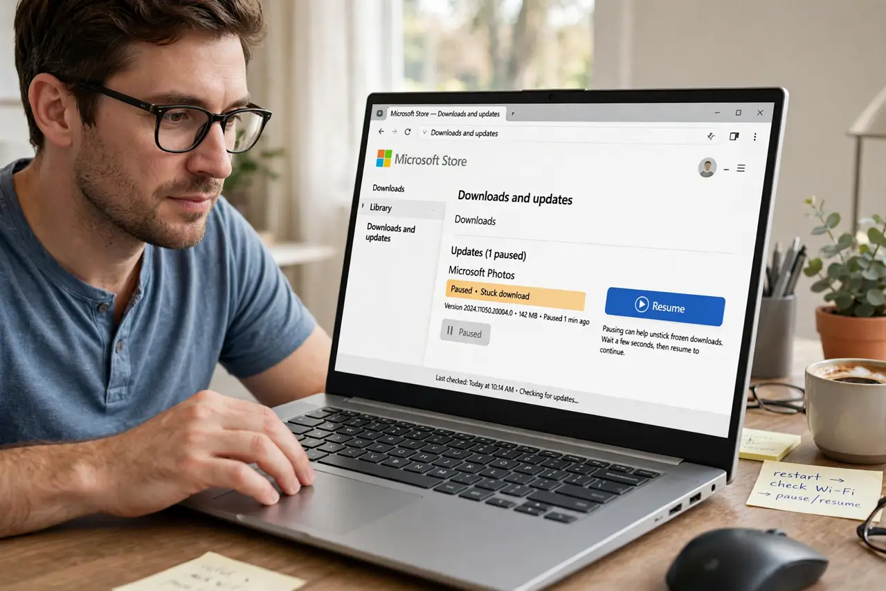A person performing step 1 of the guide: Pause and resume the stuck download. In the Store's download section, pause the frozen update, wait a few seconds, and resume it. A surpr...